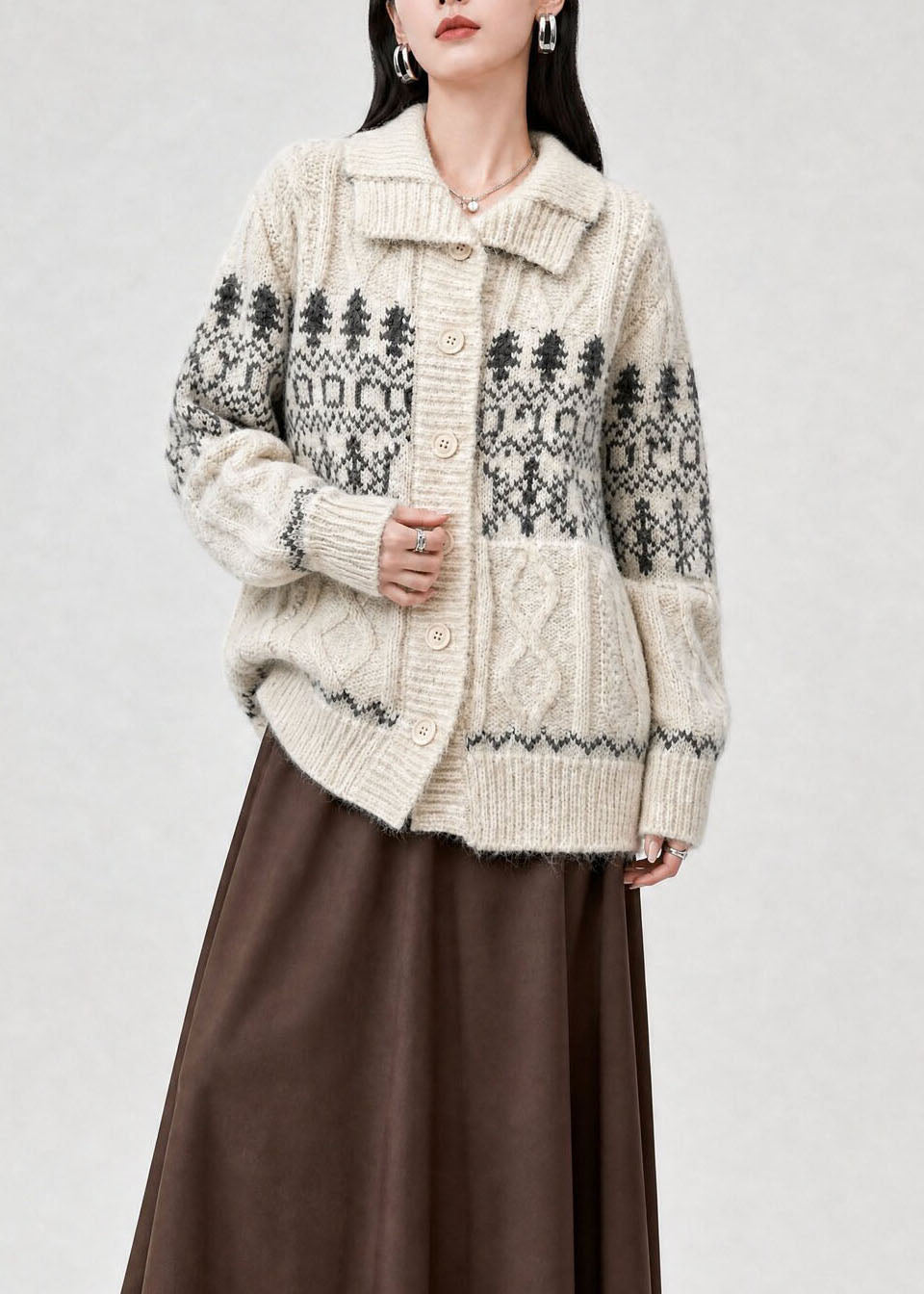 Stylish Beige Peter Pan Collar Jacquard Knit Cardigan Fall