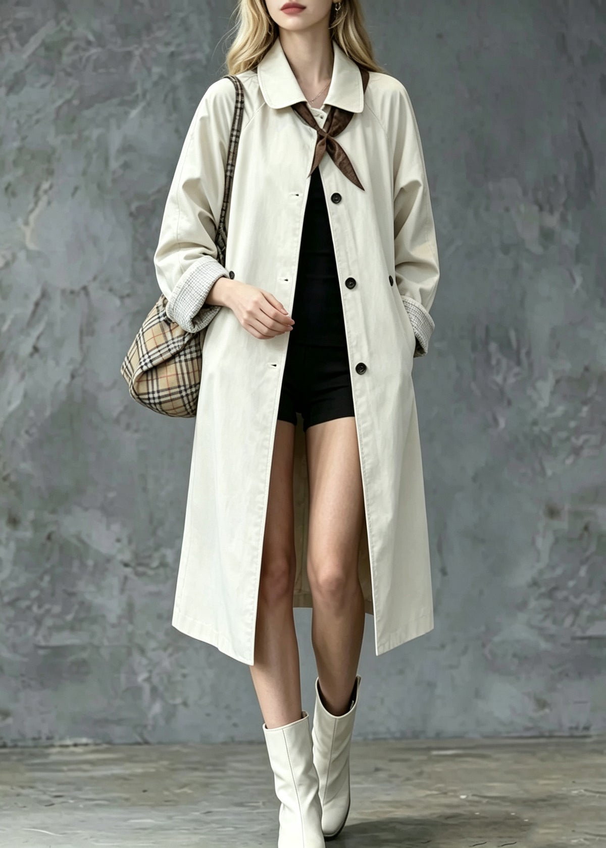 Stylish Beige Peter Pan Collar Pockets Long Trench Coats Fall