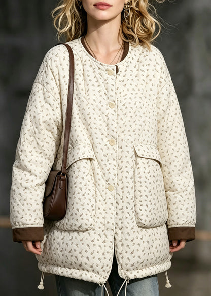 Stylish Beige Pockets Print Drawstring Down Jackets Winter