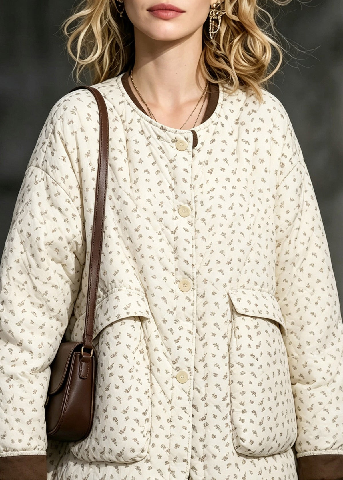 Stylish Beige Pockets Print Drawstring Down Jackets Winter