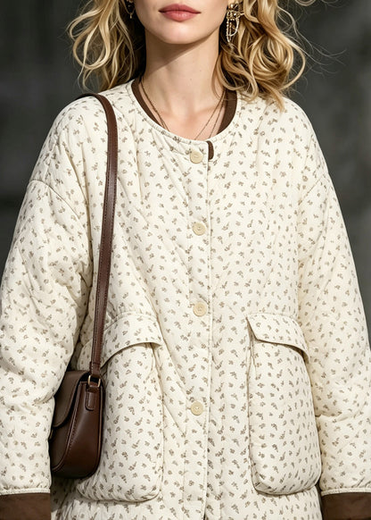 Stylish Beige Pockets Print Drawstring Down Jackets Winter