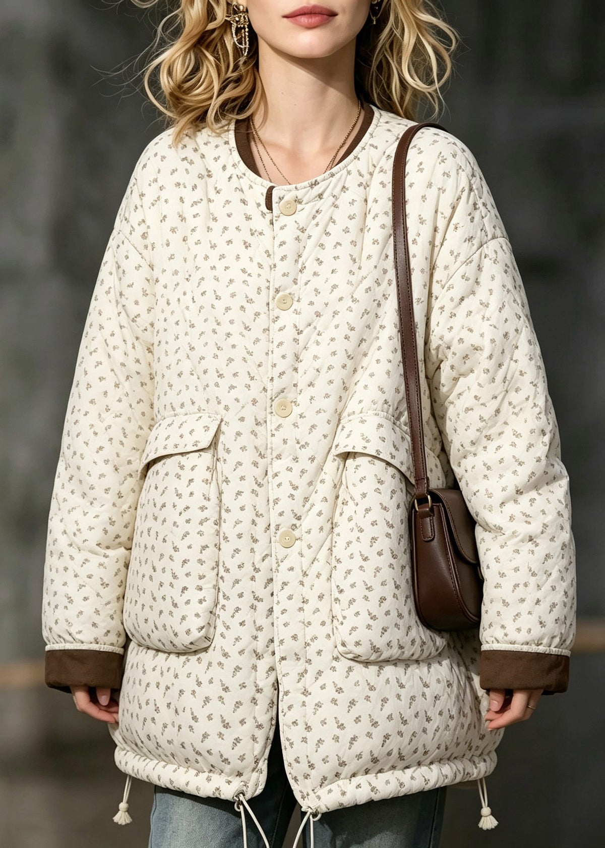 Stylish Beige Pockets Print Drawstring Down Jackets Winter