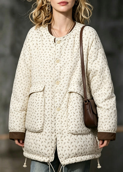 Stylish Beige Pockets Print Drawstring Down Jackets Winter