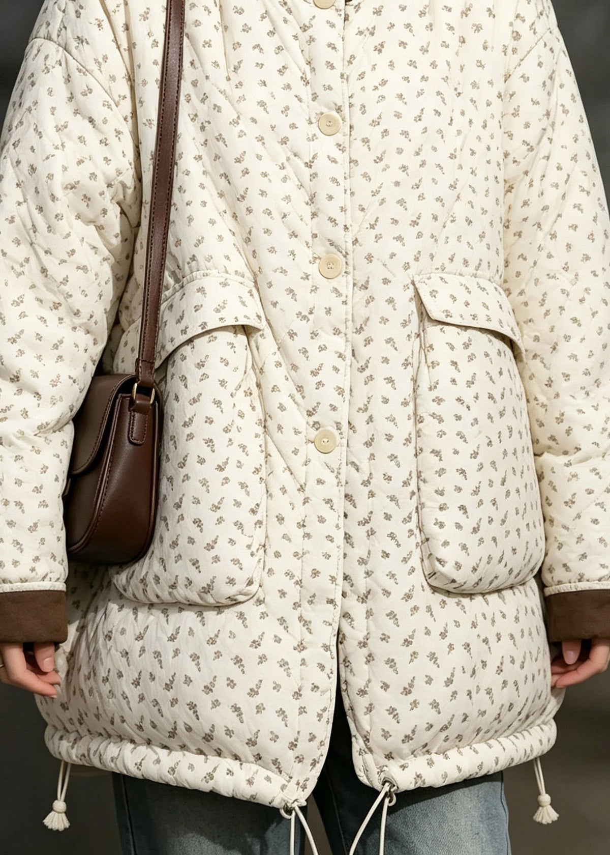 Stylish Beige Pockets Print Drawstring Down Jackets Winter