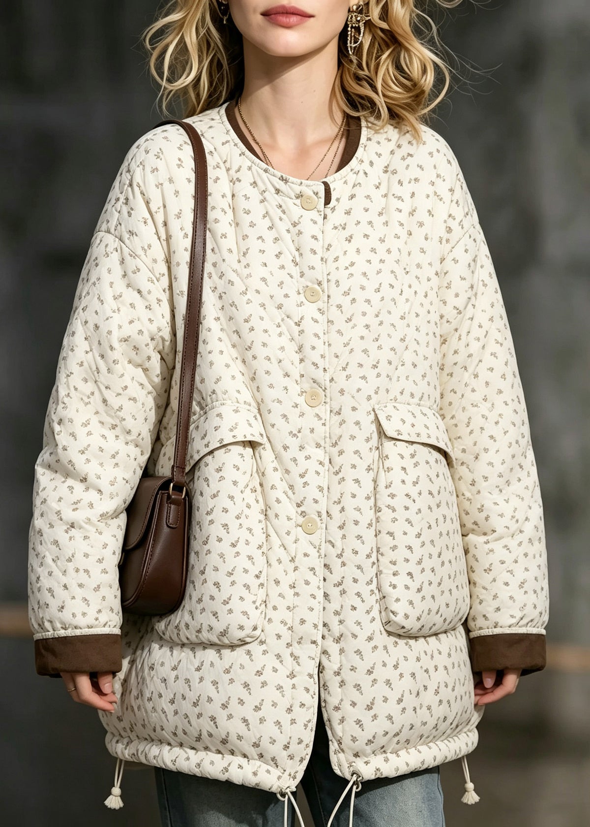 Stylish Beige Pockets Print Drawstring Down Jackets Winter