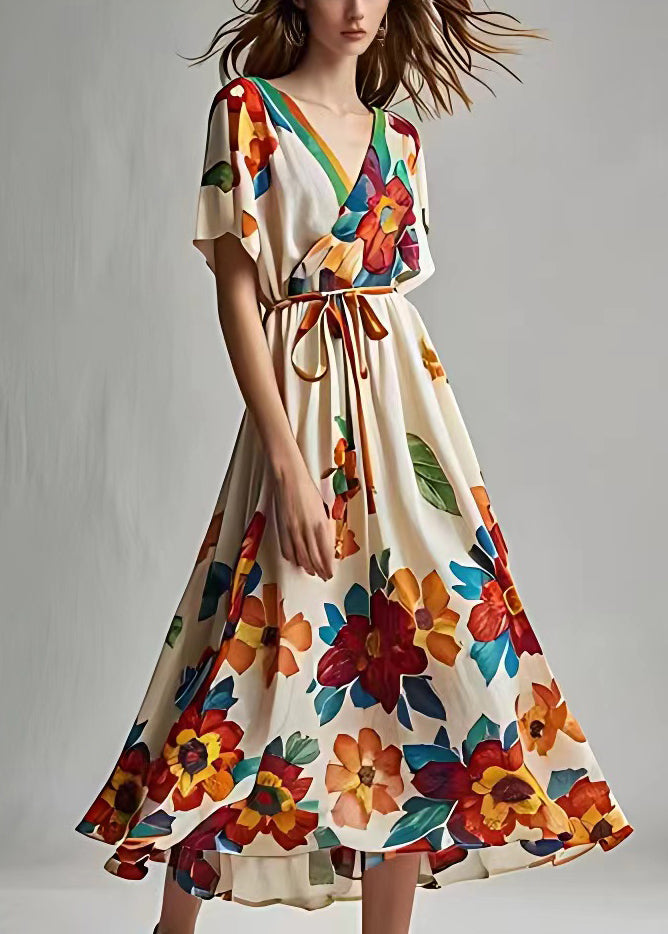 Stylish Beige Print Lace Up Cotton Maxi Dresses Summer