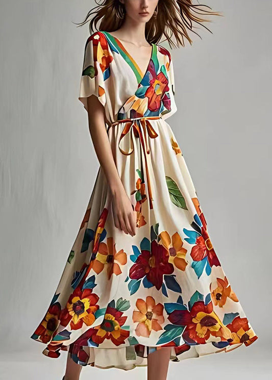 Stylish Beige Print Lace Up Cotton Maxi Dresses Summer