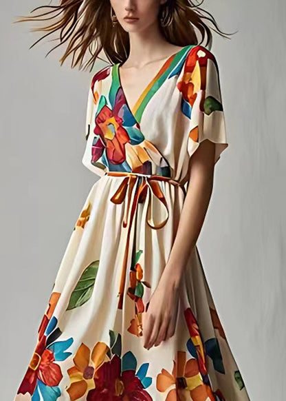 Stylish Beige Print Lace Up Cotton Maxi Dresses Summer