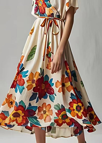 Stylish Beige Print Lace Up Cotton Maxi Dresses Summer