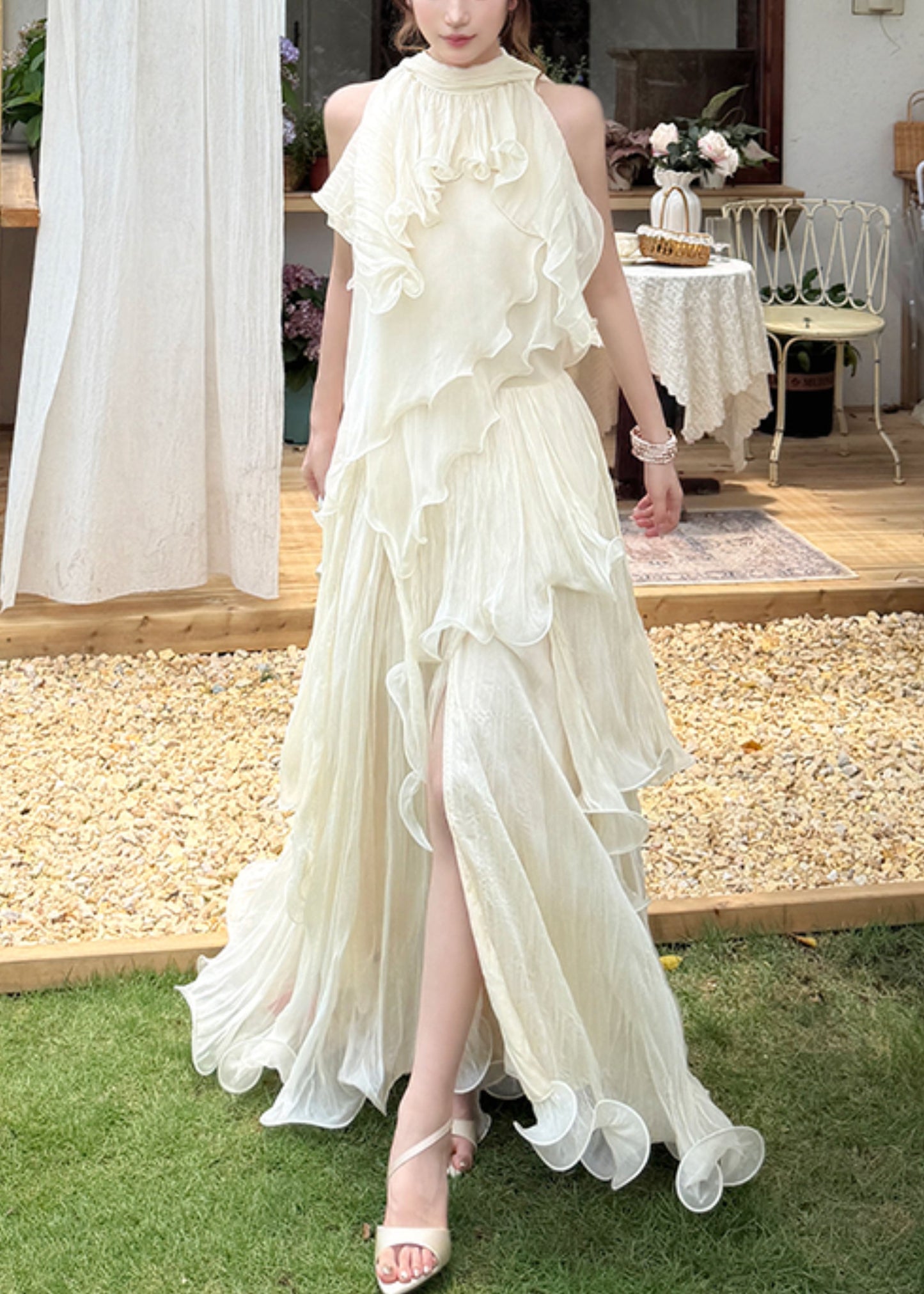 Stylish Beige Ruffled Asymmetrical Design Exra Large Hem Chiffon Vacation Dresses Summer