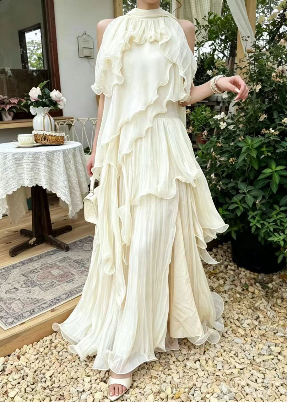 Stylish Beige Ruffled Asymmetrical Design Exra Large Hem Chiffon Vacation Dresses Summer