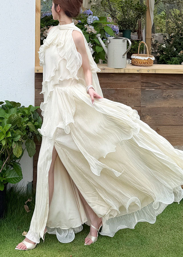 Stylish Beige Ruffled Asymmetrical Design Exra Large Hem Chiffon Vacation Dresses Summer