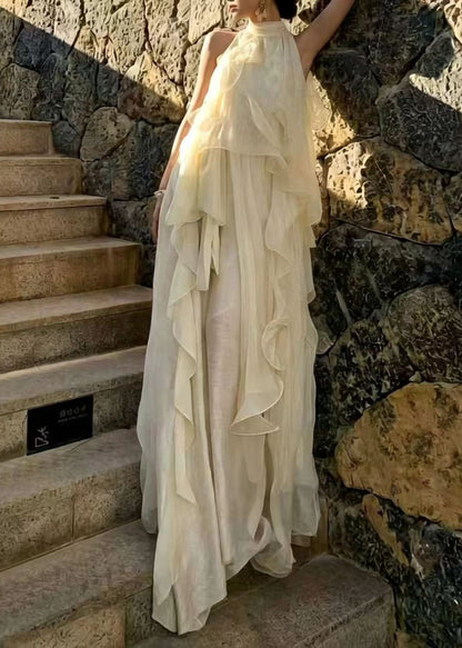 Stylish Beige Ruffled Asymmetrical Design Exra Large Hem Chiffon Vacation Dresses Summer
