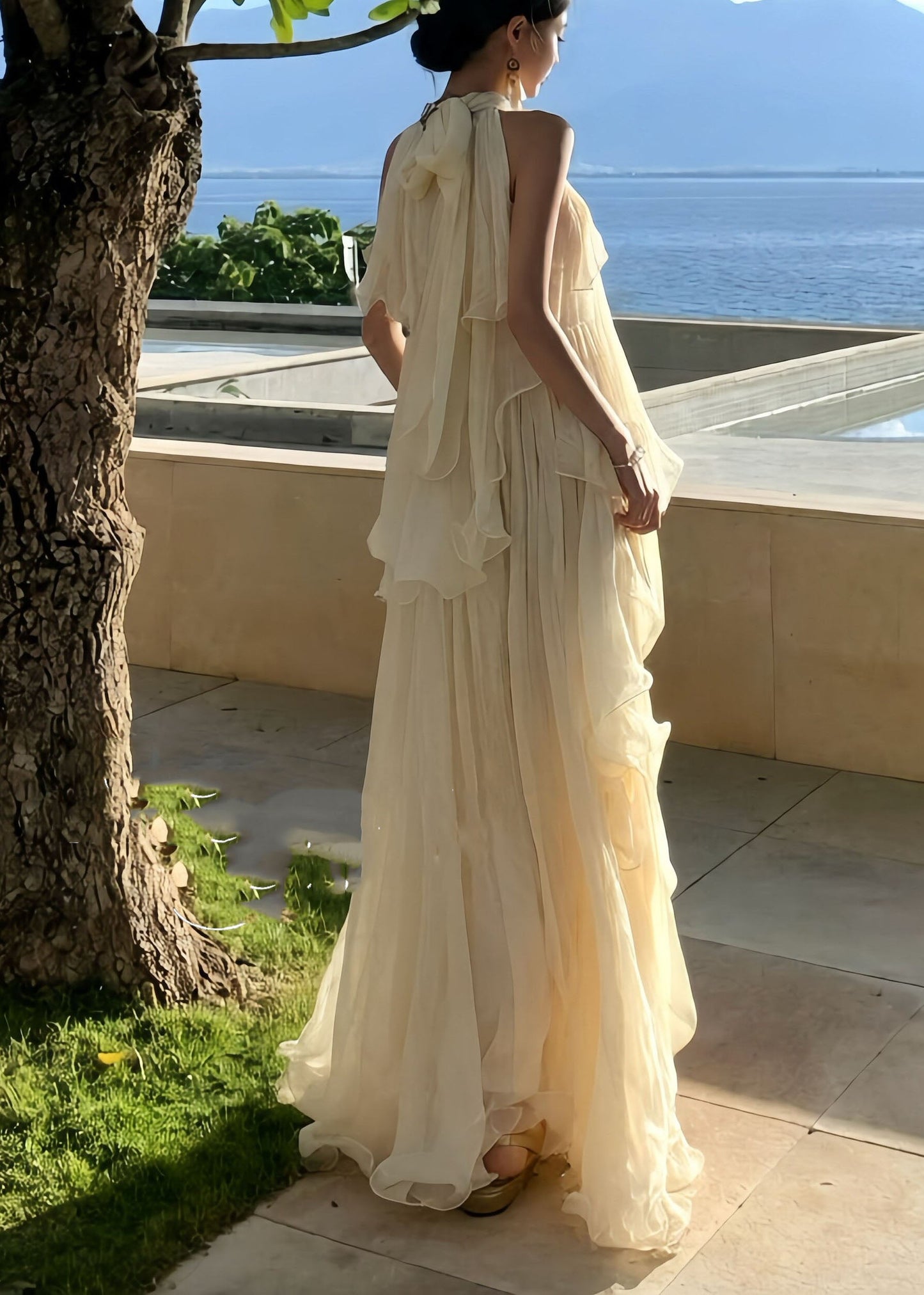 Stylish Beige Ruffled Asymmetrical Design Exra Large Hem Chiffon Vacation Dresses Summer