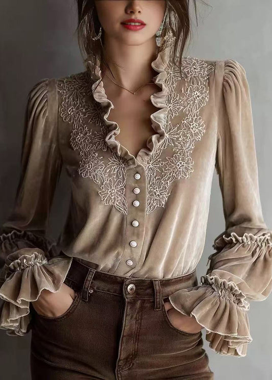 Stylish Beige Ruffled Patchwork Velour Shirt Top Spring