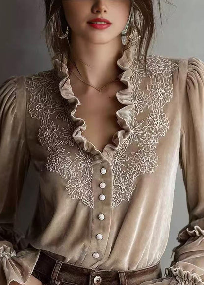 Stylish Beige Ruffled Patchwork Velour Shirt Top Spring