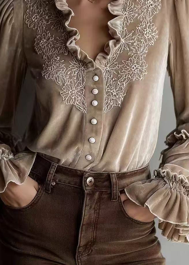 Stylish Beige Ruffled Patchwork Velour Shirt Top Spring