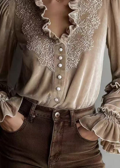 Stylish Beige Ruffled Patchwork Velour Shirt Top Spring