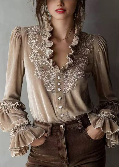 Stylish Beige Ruffled Patchwork Velour Shirt Top Spring
