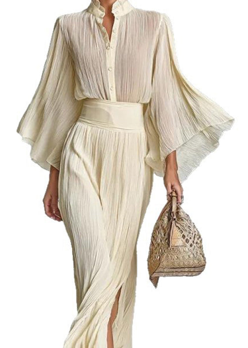 Stylish Beige Ruffled Side Open Shirts And Skirts Cotton Two Pieces Set Spring