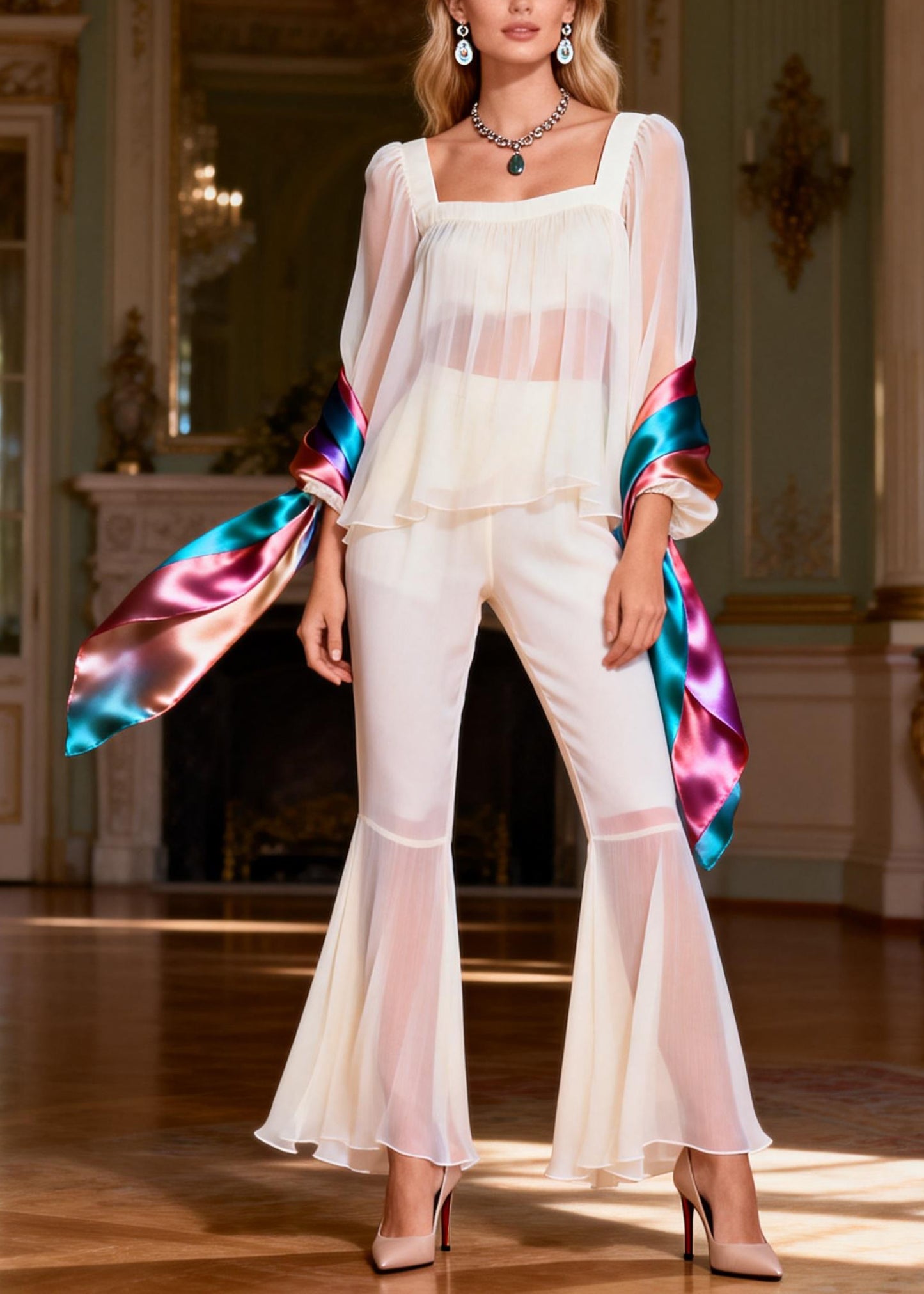 Stylish Beige Square Collar Silk Patchwork Two Pieces Set Spring