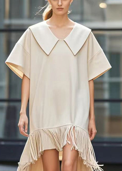 Stylish Beige Tasseled Asymmetrical Design Cotton Work Dress Summer