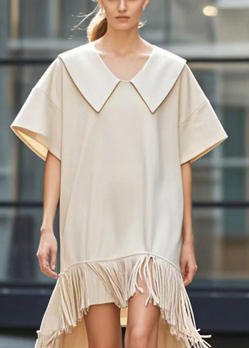 Stylish Beige Tasseled Asymmetrical Design Cotton Work Dress Summer
