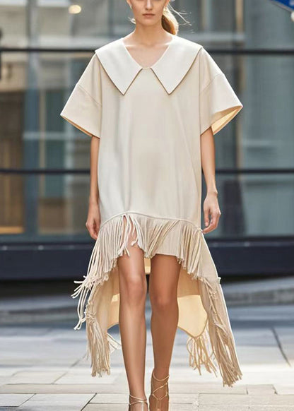 Stylish Beige Tasseled Asymmetrical Design Cotton Work Dress Summer