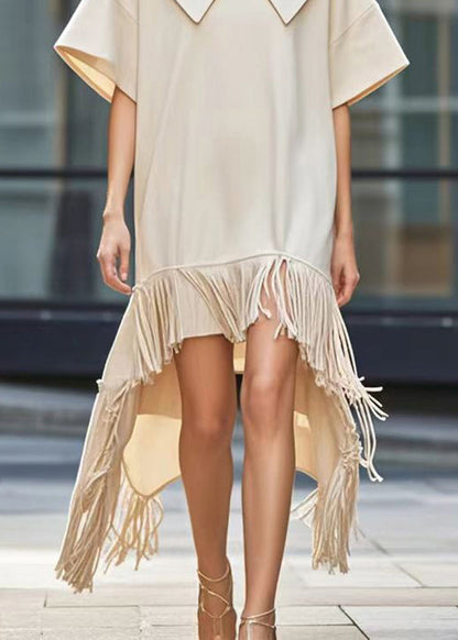 Stylish Beige Tasseled Asymmetrical Design Cotton Work Dress Summer