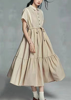 Stylish Beige Tie Waist Wrinkled Patchwork Linen Dress Summer