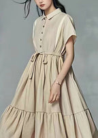 Stylish Beige Tie Waist Wrinkled Patchwork Linen Dress Summer