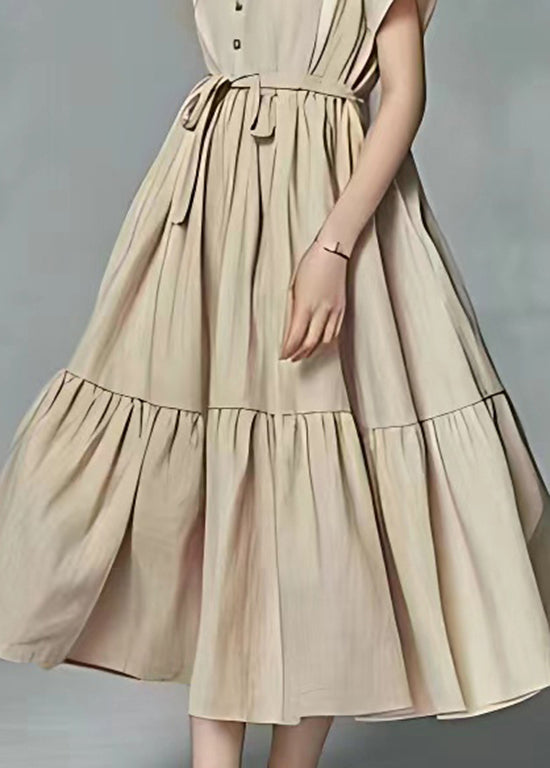 Stylish Beige Tie Waist Wrinkled Patchwork Linen Dress Summer