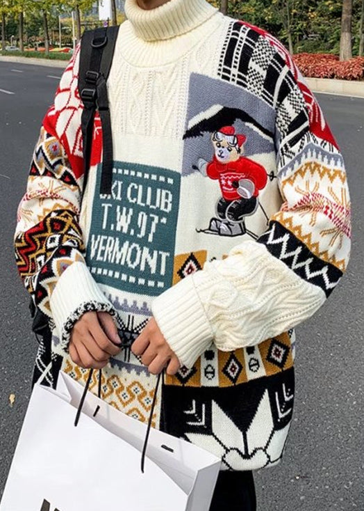 Stylish Beige Turtleneck Patchwork Warm Fleece Men Sweaters Winte