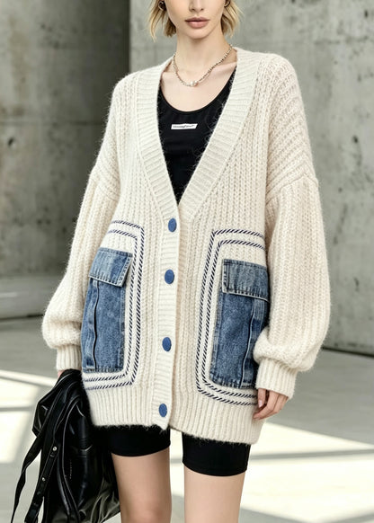 Stylish Beige V Neck Button Patchwork Knit Cardigans Fall