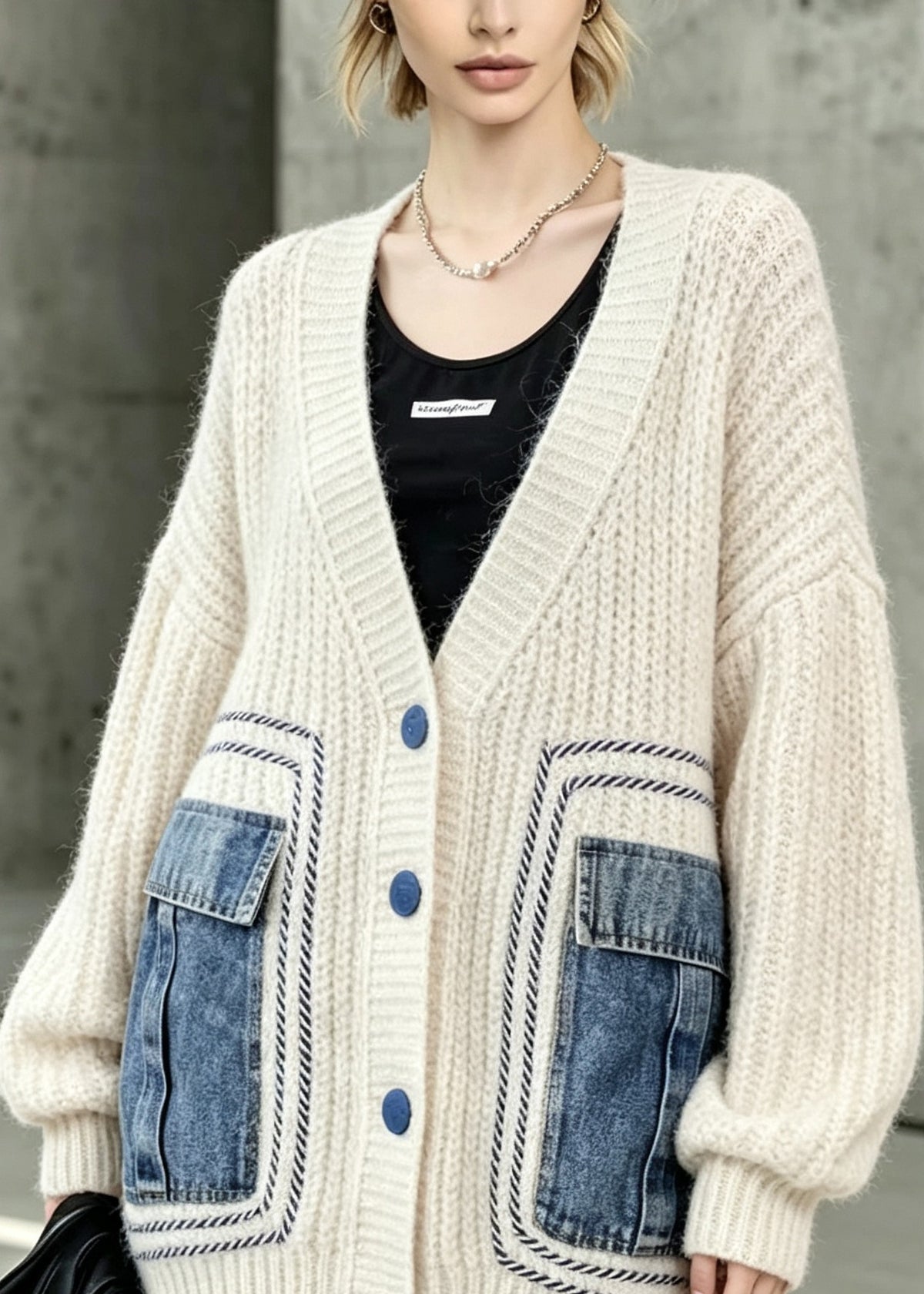 Stylish Beige V Neck Button Patchwork Knit Cardigans Fall