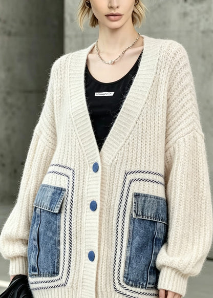 Stylish Beige V Neck Button Patchwork Knit Cardigans Fall