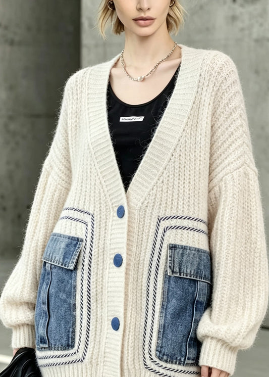 Stylish Beige V Neck Button Patchwork Knit Cardigans Fall