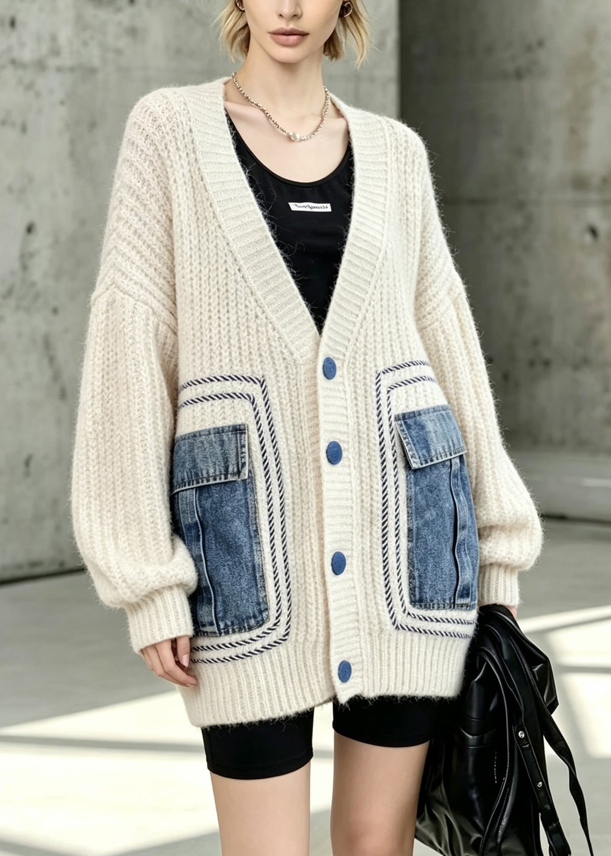 Stylish Beige V Neck Button Patchwork Knit Cardigans Fall