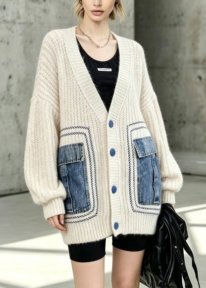 Stylish Beige V Neck Button Patchwork Knit Cardigans Fall