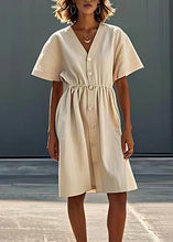 Load image into Gallery viewer, Stylish Beige V Neck Button Patchwork Linen Dresses Summer