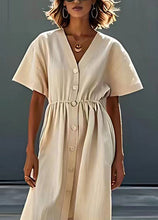 Load image into Gallery viewer, Stylish Beige V Neck Button Patchwork Linen Dresses Summer