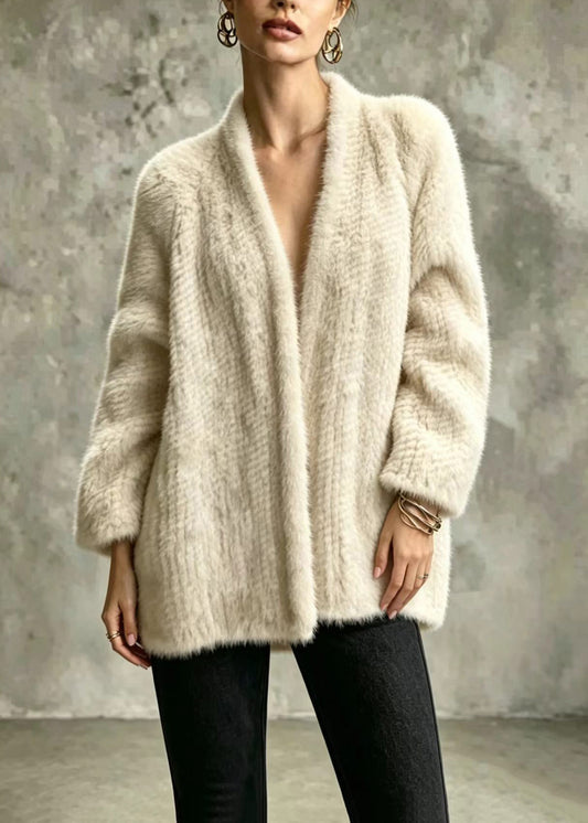 Stylish Beige V Neck Faux Mink Hair Woven Coat Winter