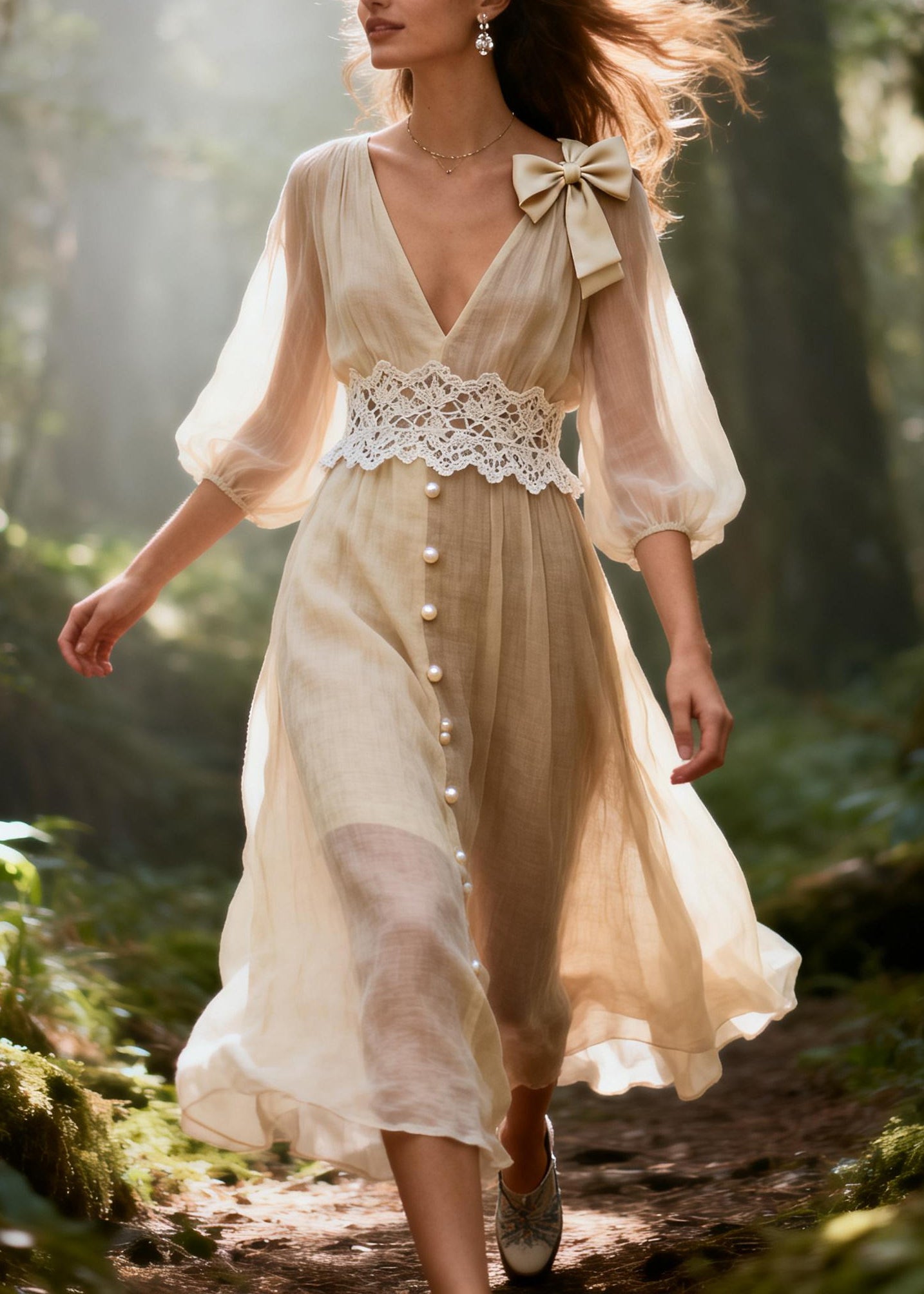 Stylish Beige V Neck Lace Patchwork Cotton Vacation Dresses Summer