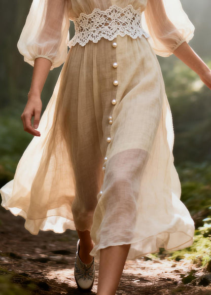 Stylish Beige V Neck Lace Patchwork Cotton Vacation Dresses Summer