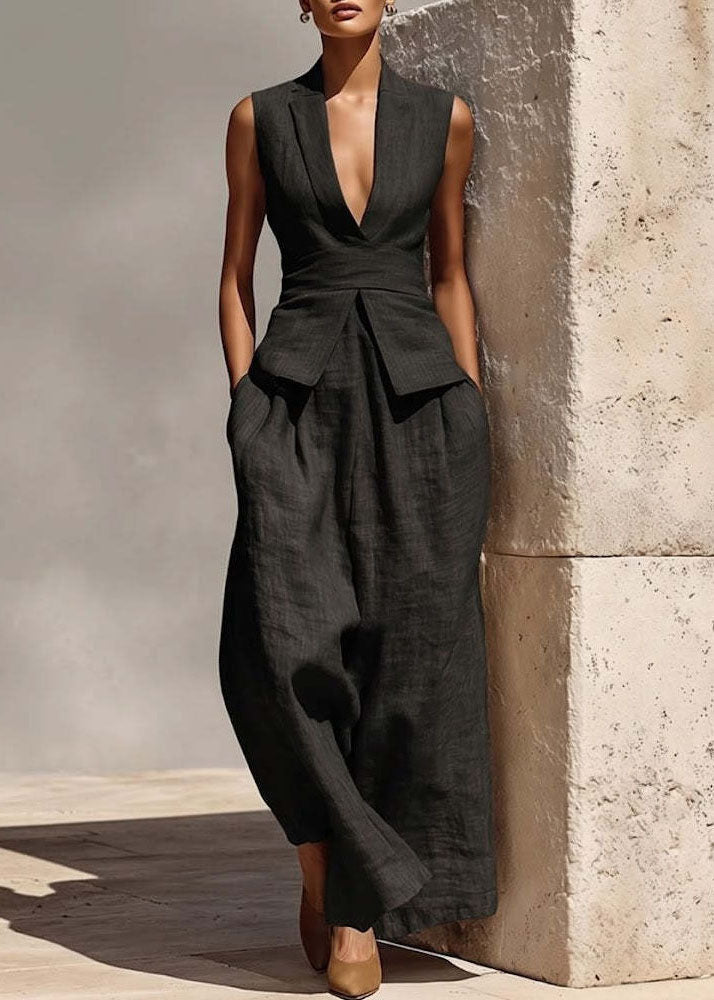 Stylish Beige V Neck Patchwork Top And Wide Leg Pants Two Pieces Set Summer