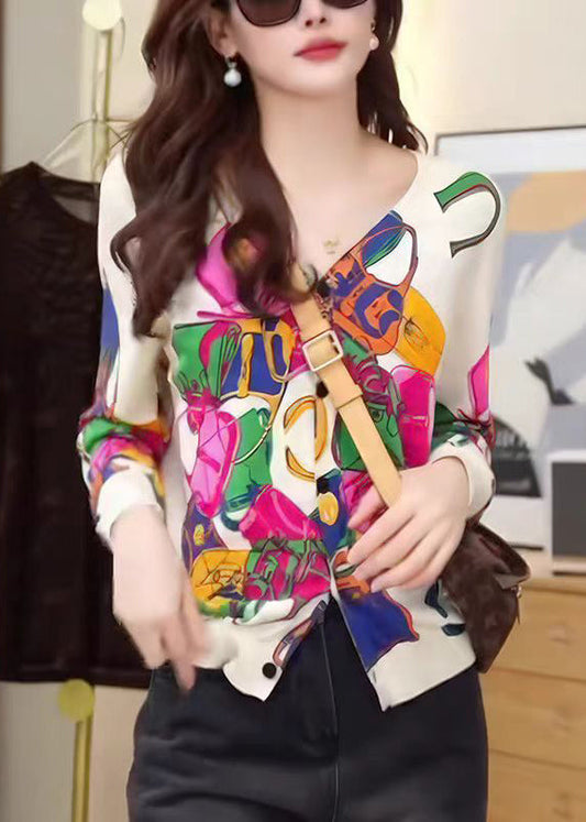 Stylish Beige V Neck Print Button Knit Cardigans Fall