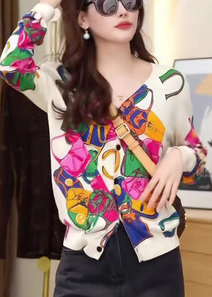 Stylish Beige V Neck Print Button Knit Cardigans Fall