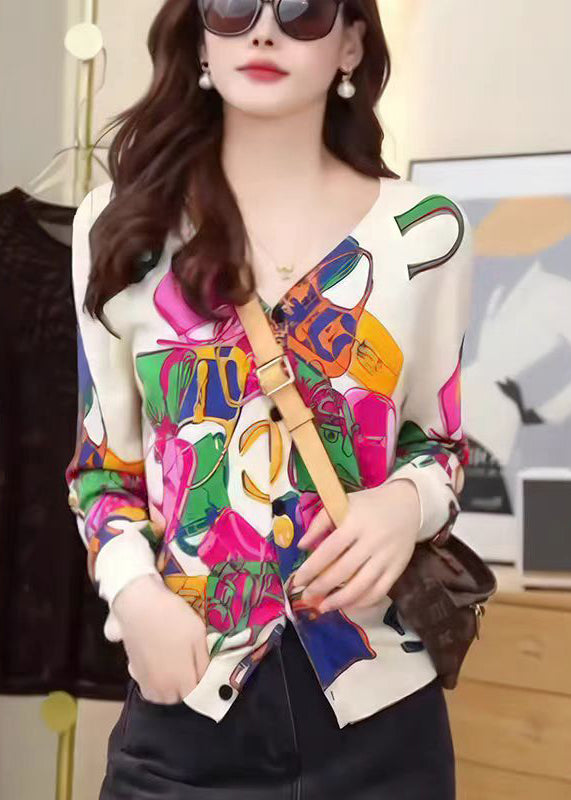 Stylish Beige V Neck Print Button Knit Cardigans Fall