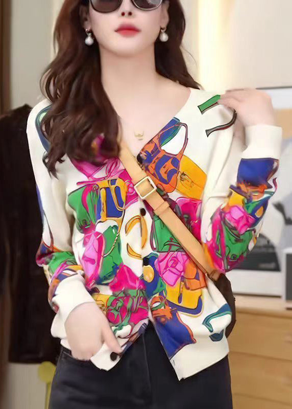 Stylish Beige V Neck Print Button Knit Cardigans Fall