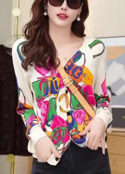 Stylish Beige V Neck Print Button Knit Cardigans Fall